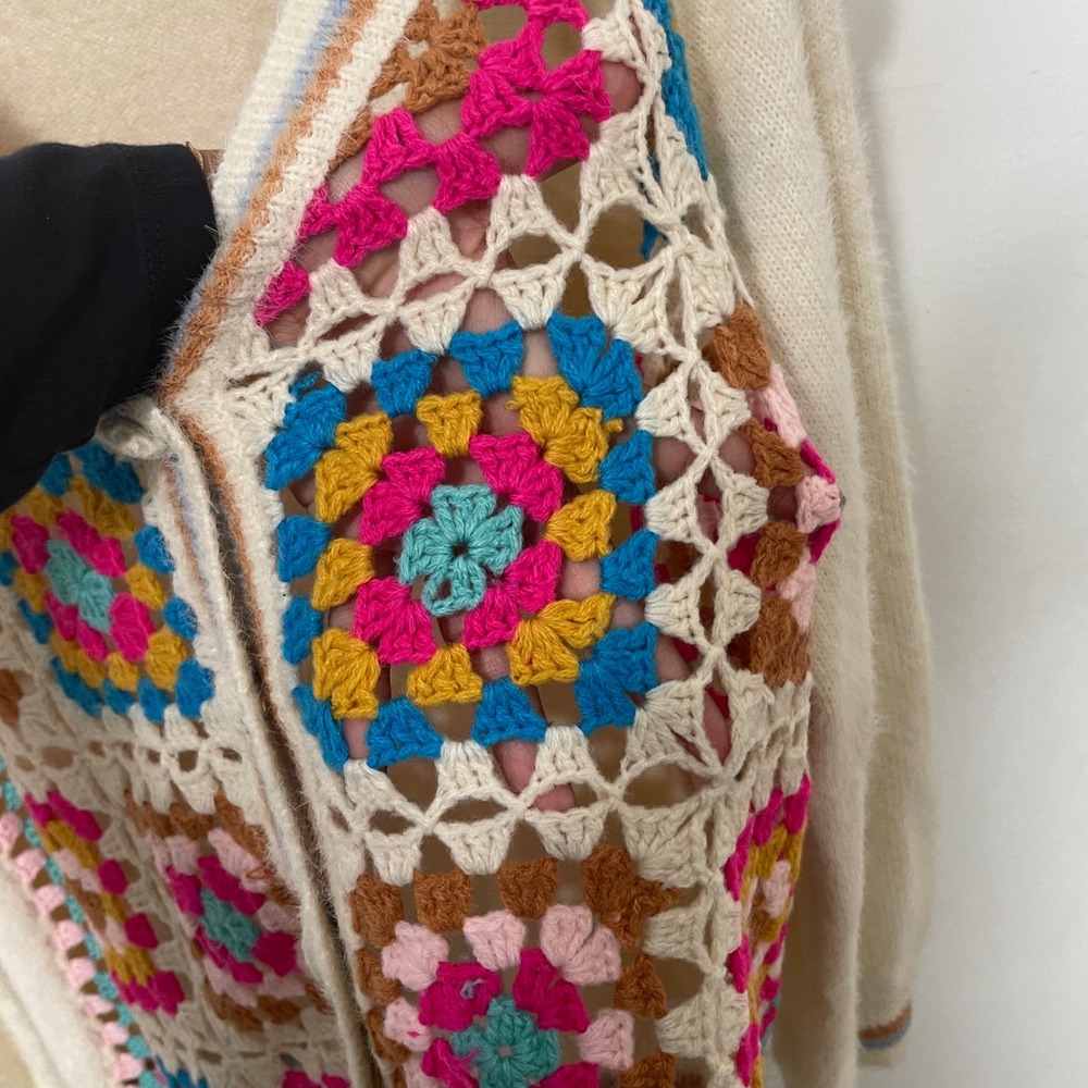 Umgee USA Womens Small Granny Square Crochet Cardigan Fuzzy Knit Cream - Picture 4 of 6